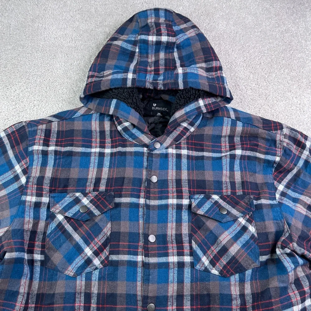 Burnside Shirt Jacket Mens 2XL Blue Plaid Quilted Lined Hooded Flannel Shacket